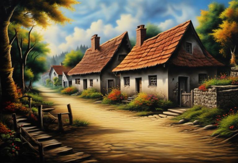 Airbrush Art,Airbrush Art, Village, village, no humans, tree, scenery, outdoors, sky, cloud, house, day, path