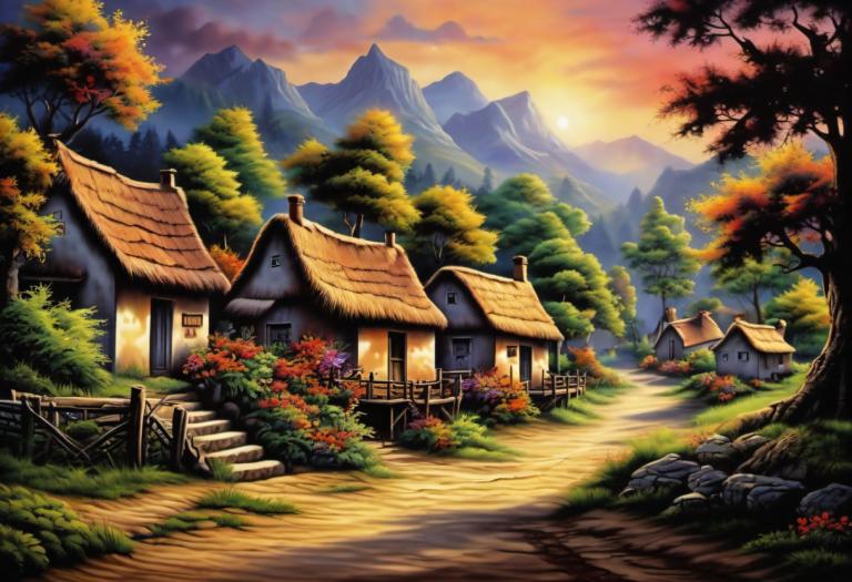 Airbrush Art,Airbrush Art, Village, village, no humans, tree, scenery, outdoors, mountain, house, sky, sunset