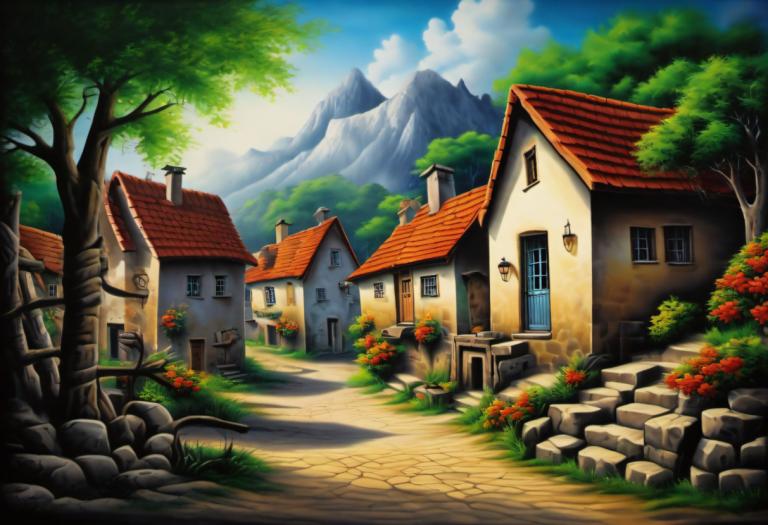 Airbrush Art,Airbrush Art, Village, village, no humans, tree, scenery, sky, outdoors, cloud, house, day