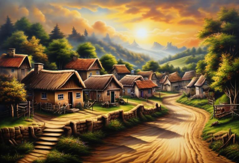 Airbrush Art,Airbrush Art, Village, village, no humans, tree, scenery, house, outdoors, cloud, sky, grass