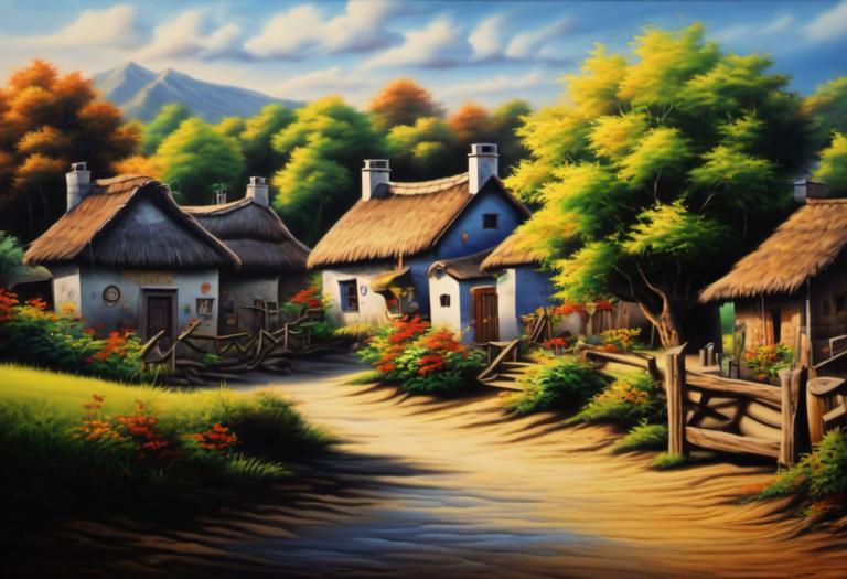 Airbrush Art,Airbrush Art, Village, village, no humans, scenery, tree, outdoors, sky, house, cloud, mountain