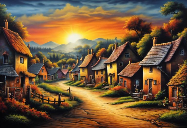 Airbrush Art,Airbrush Art, Village, village, no humans, scenery, tree, house, sky, outdoors, sunset, cloud