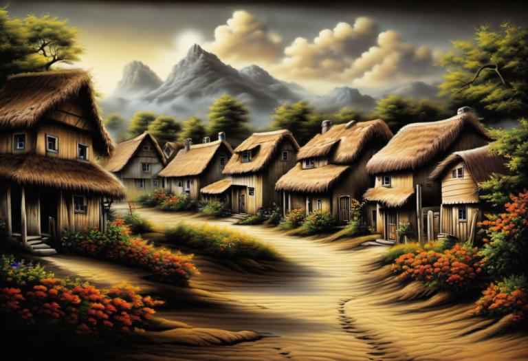 Airbrush Art,Airbrush Art, Village, village, no humans, scenery, tree, cloud, house, outdoors, sky, mountain