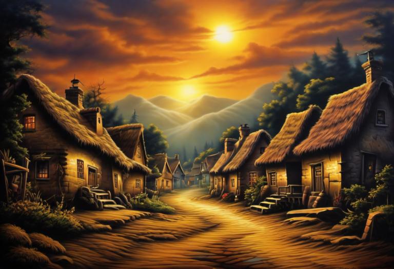 Airbrush Art,Airbrush Art, Village, village, no humans, scenery, tree, house, sunset, sky, cloud, outdoors