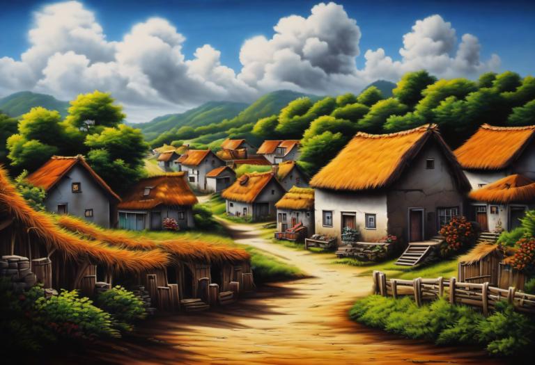 Airbrush Art,Airbrush Art, Village, village, cloud, scenery, no humans, sky, house, outdoors, tree, day, road