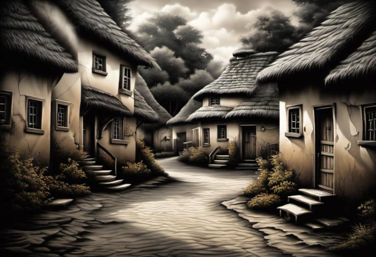 Airbrush Art,Airbrush Art, Village, village, no humans, scenery, cloud, tree, sky, stairs, outdoors, house