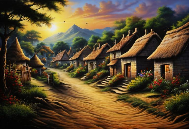 Airbrush Art,Airbrush Art, Village, village, scenery, tree, no humans, outdoors, house, flower, sky, sunset