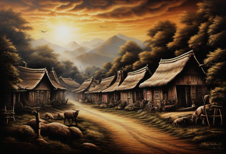 Airbrush Art,Airbrush Art, Village, village, scenery, no humans, tree, mountain, cloud, horse, sky, outdoors