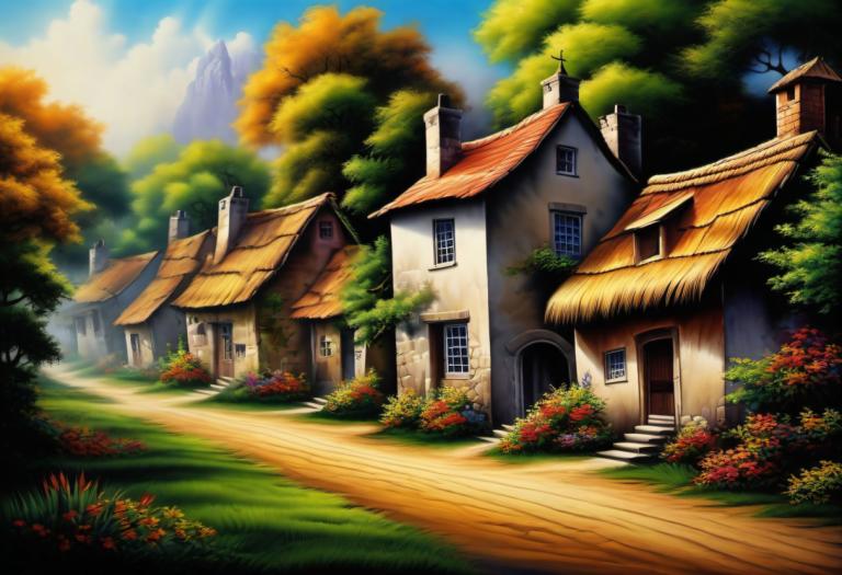 Airbrush Art,Airbrush Art, Village, village, no humans, tree, scenery, sky, outdoors, day, cloud, house, path