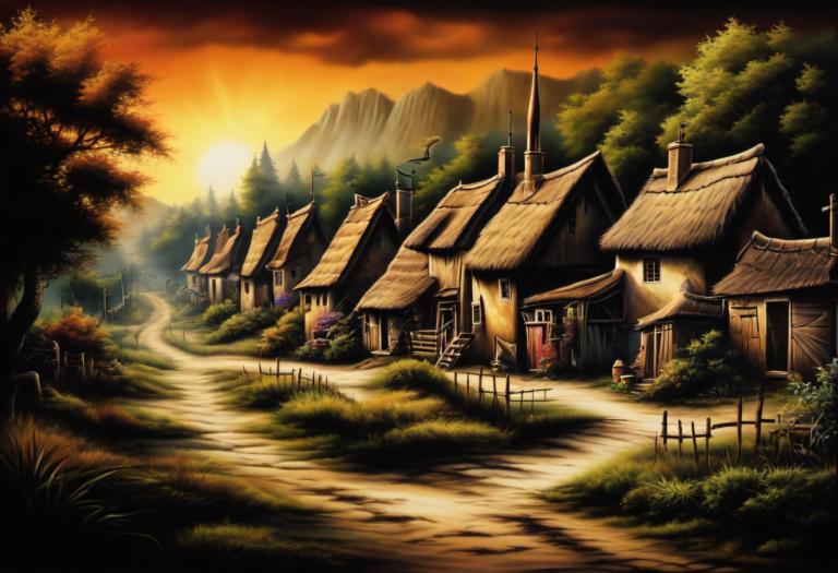 Airbrush Art,Airbrush Art, Village, village, scenery, tree, nature, sunset, house, river, forest, mountain