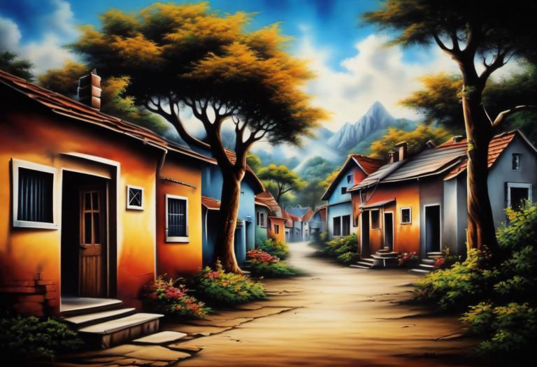 Airbrush Art,Airbrush Art, Village, village, no humans, tree, scenery, sky, house, outdoors, cloud, day