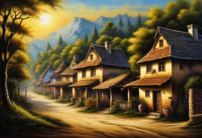 Airbrush Art,Airbrush Art, Village, village, no humans, tree, scenery, house, outdoors, sky, mountain, sun