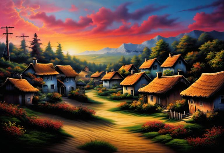 Airbrush Art,Airbrush Art, Village, village, no humans, scenery, house, outdoors, tree, sky, cloud, sunset