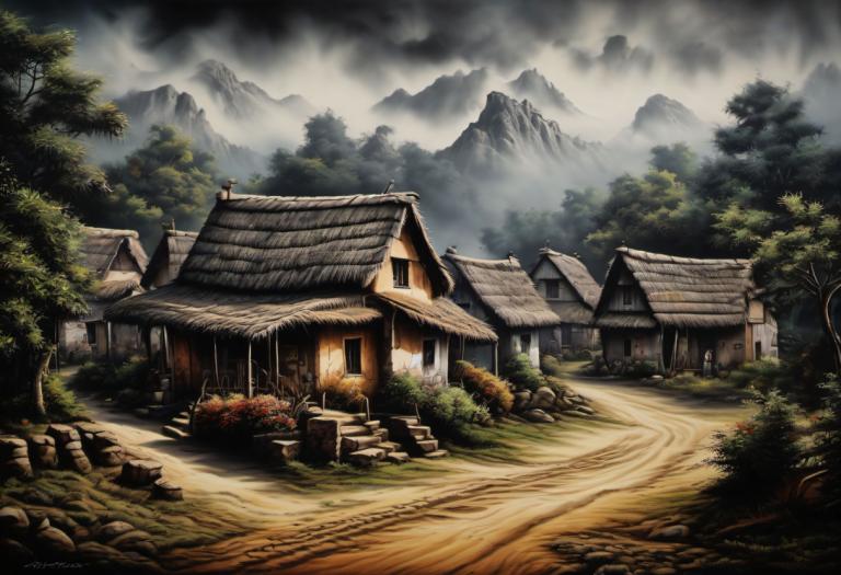 Airbrush Art,Airbrush Art, Village, village, no humans, scenery, tree, outdoors, cloud, nature, mountain, sky