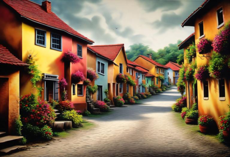 Airbrush Art,Airbrush Art, Village, village, no humans, scenery, cloud, outdoors, sky, plant, tree, building