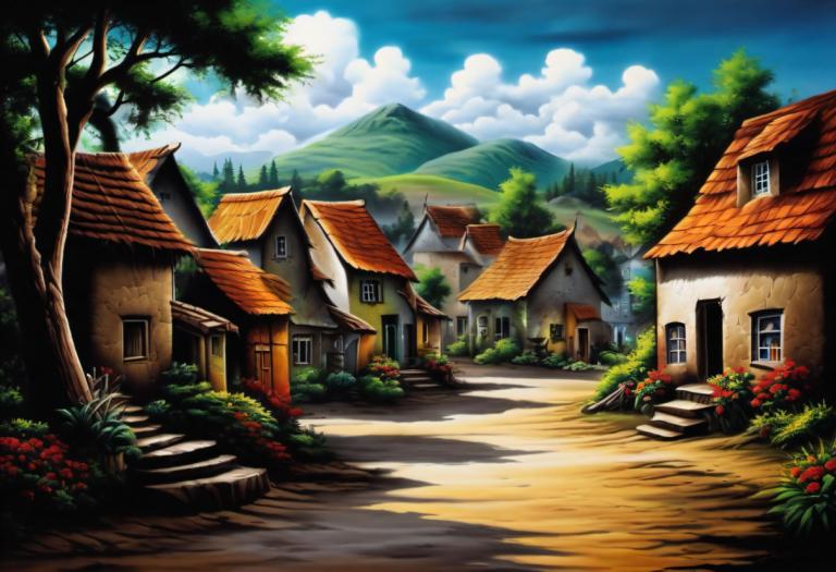 Airbrush Art,Airbrush Art, Village, village, no humans, scenery, tree, sky, cloud, outdoors, house, day