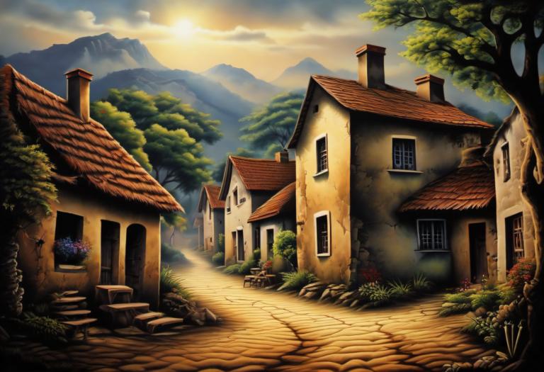 Airbrush Art,Airbrush Art, Village, village, no humans, tree, scenery, sky, outdoors, cloud, house, mountain