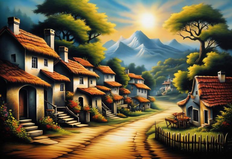 Airbrush Art,Airbrush Art, Village, village, no humans, tree, scenery, outdoors, sky, mountain, house, stairs