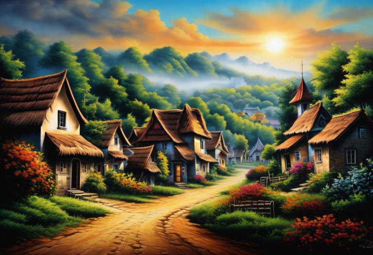 Airbrush Art,Airbrush Art, Village, village, no humans, scenery, tree, sky, outdoors, house, cloud, path