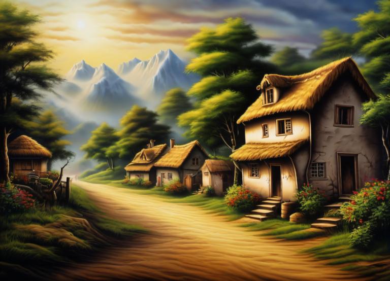 Airbrush Art,Airbrush Art, Village, village, tree, no humans, scenery, house, sky, outdoors, cloud, mountain