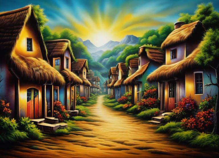 Airbrush Art,Airbrush Art, Village, village, no humans, scenery, tree, house, outdoors, sky, window, door