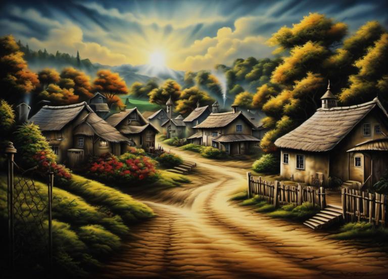 Airbrush Art,Airbrush Art, Village, village, no humans, scenery, tree, cloud, sky, house, outdoors, path