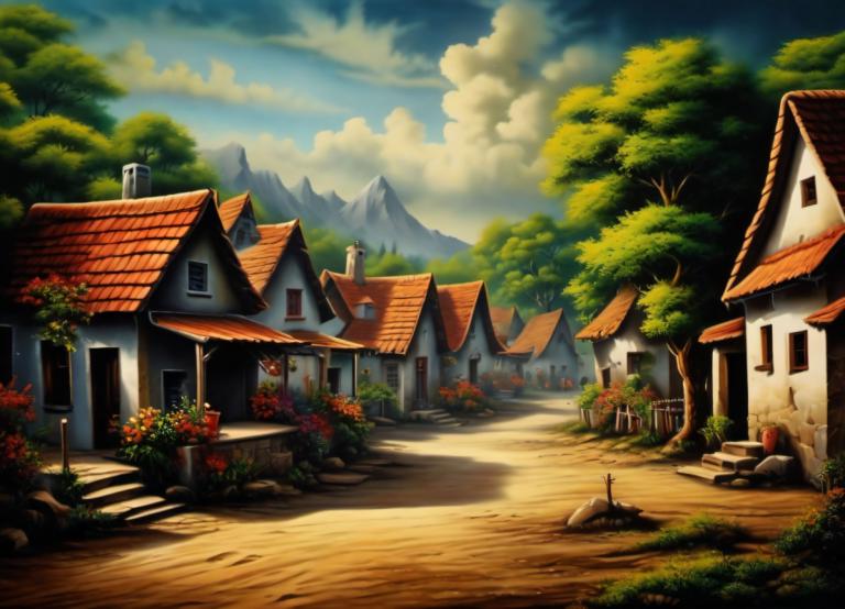 Airbrush Art,Airbrush Art, Village, village, no humans, scenery, tree, cloud, sky, outdoors, house, day