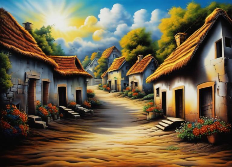 Airbrush Art,Airbrush Art, Village, village, no humans, sky, scenery, cloud, tree, flower, outdoors, day