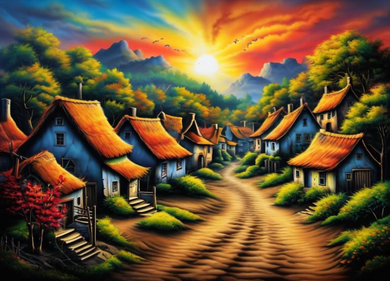 Airbrush Art,Airbrush Art, Village, village, no humans, tree, scenery, sky, sun, outdoors, mountain, sunset