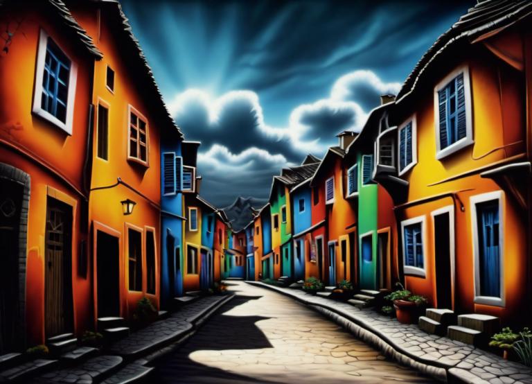 Airbrush Art,Airbrush Art, Village, village, no humans, cloud, sky, scenery, outdoors, plant, building, road