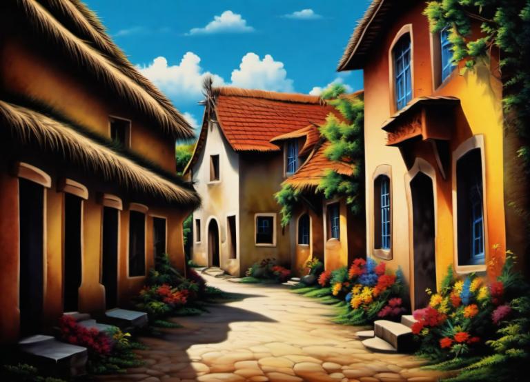 Airbrush Art,Airbrush Art, Village, village, no humans, sky, scenery, cloud, flower, day, outdoors, tree