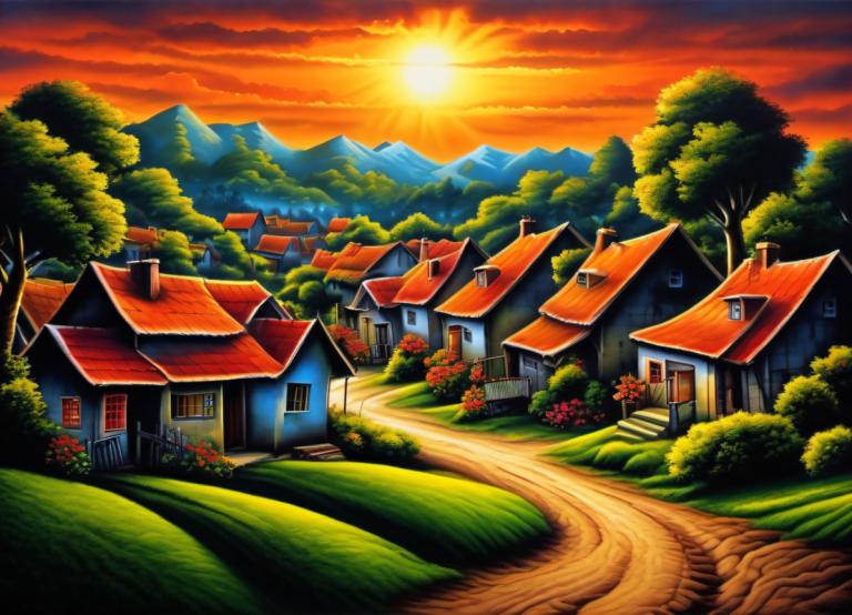 Airbrush Art,Airbrush Art, Village, village, no humans, tree, house, scenery, sun, sunset, outdoors, sky