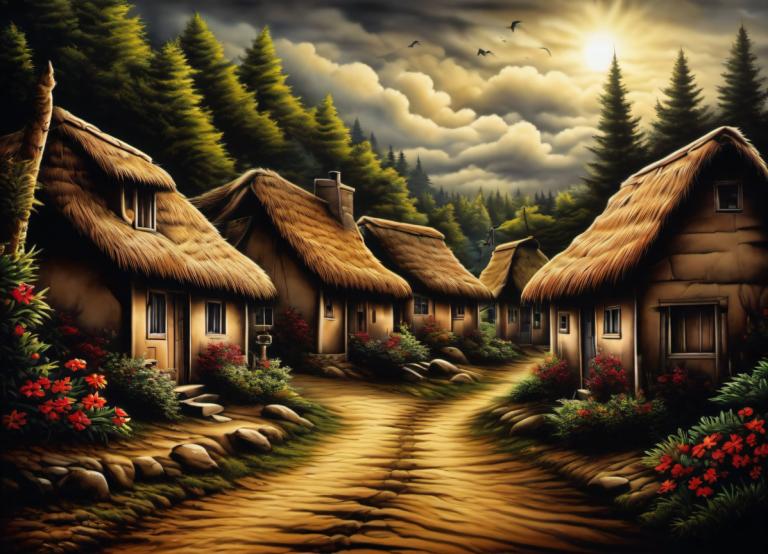 Airbrush Art,Airbrush Art, Village, village, no humans, cloud, tree, scenery, house, sky, flower, outdoors