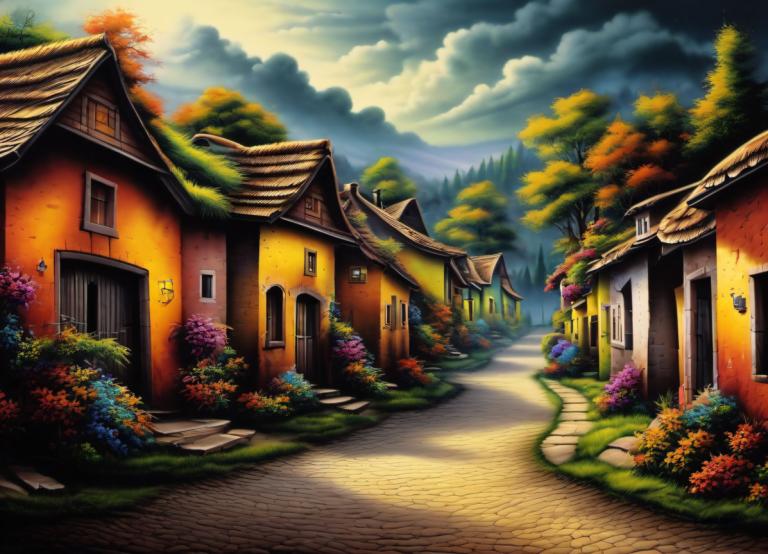 Airbrush Art,Airbrush Art, Village, village, no humans, tree, cloud, scenery, house, sky, outdoors, flower