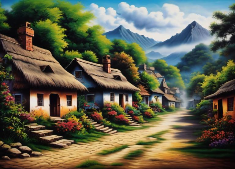 Airbrush Art,Airbrush Art, Village, village, no humans, scenery, outdoors, sky, cloud, tree, house, mountain