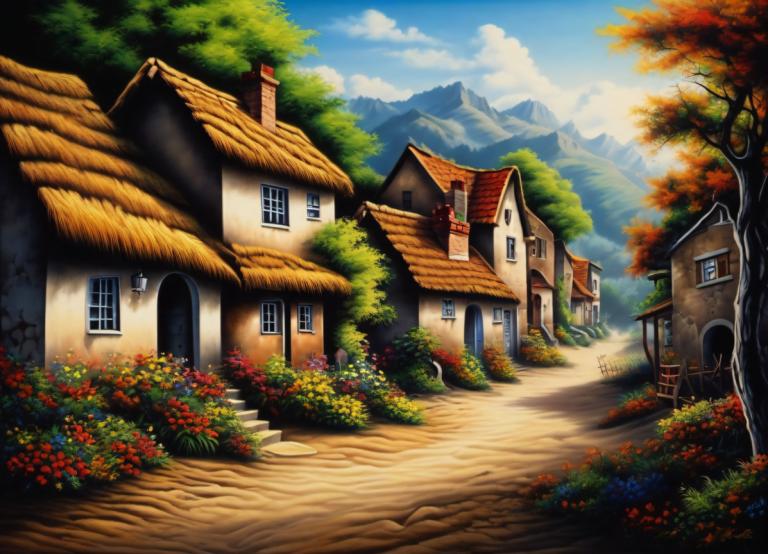 Airbrush Art,Airbrush Art, Village, village, tree, scenery, house, no humans, outdoors, sky, flower, day