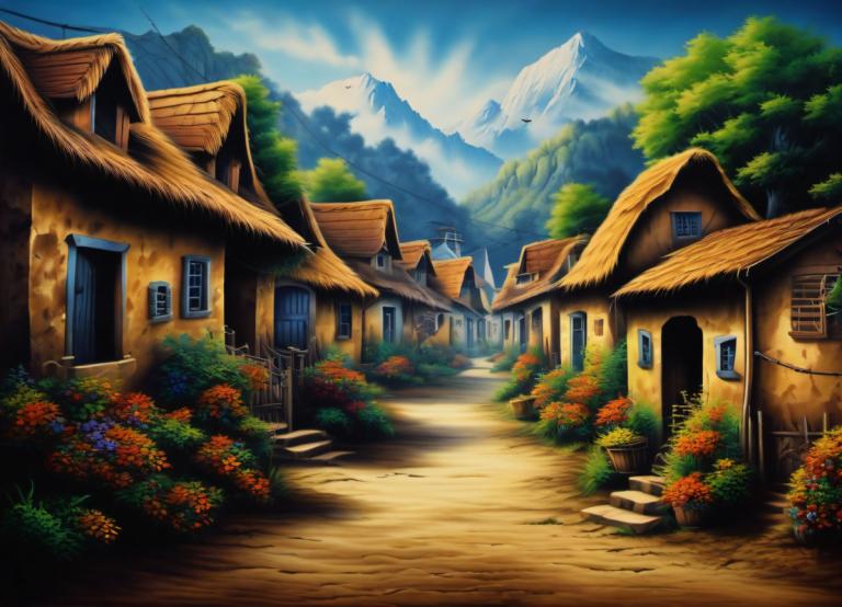 Airbrush Art,Airbrush Art, Village, village, no humans, scenery, outdoors, sky, house, flower, tree, mountain