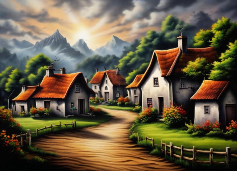 Airbrush Art,Airbrush Art, Village, village, no humans, scenery, cloud, outdoors, tree, mountain, sky, house