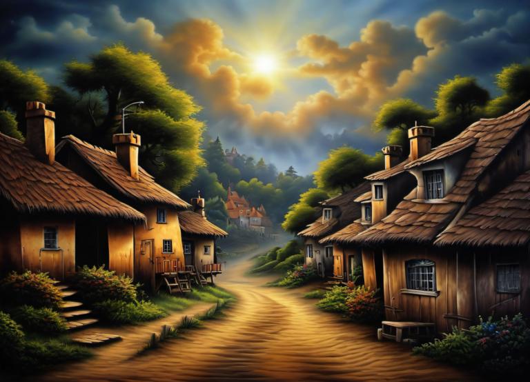 Airbrush Art,Airbrush Art, Village, village, no humans, scenery, cloud, sky, tree, house, outdoors, stairs