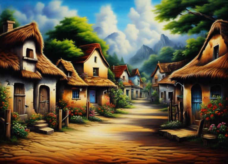 Airbrush Art,Airbrush Art, Village, village, no humans, scenery, tree, sky, house, outdoors, cloud, flower