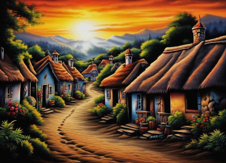 Airbrush-kunst,Airbrush-kunst, Dorp, dorp, geen mensen, landschap, huis, zonsondergang, boom, bloem, lucht