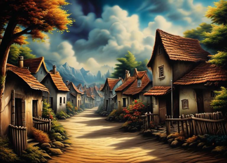 Airbrush Art,Airbrush Art, Village, village, no humans, scenery, tree, cloud, sky, outdoors, day, house