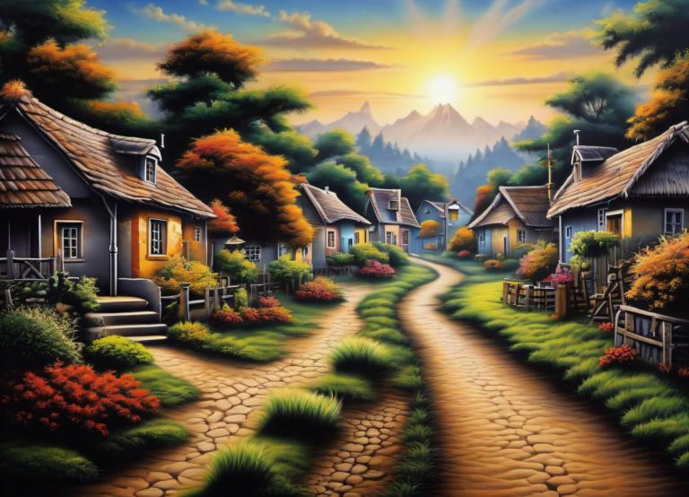 Airbrush Art,Airbrush Art, Village, village, no humans, tree, scenery, outdoors, house, sky, road, grass