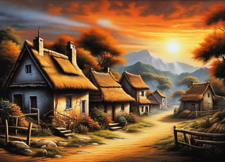 Airbrush-kunst,Airbrush-kunst, Dorp, dorp, geen mensen, landschap, boom, huis, zonsondergang, buitenshuis