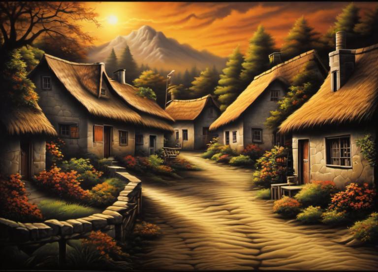 Airbrush Art,Airbrush Art, Village, village, no humans, tree, scenery, house, sunset, outdoors, sky, mountain