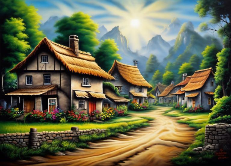 Airbrush Art,Airbrush Art, Village, village, no humans, tree, scenery, outdoors, house, grass, flower, path