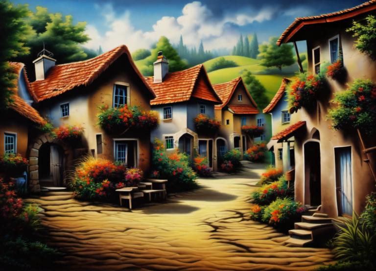 Airbrush Art,Airbrush Art, Village, village, no humans, scenery, tree, sky, cloud, outdoors, day, house, path