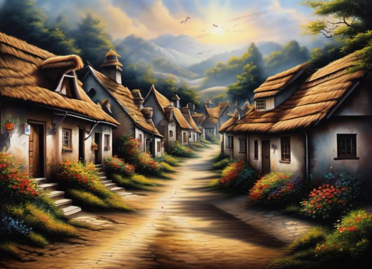 Airbrush Art,Airbrush Art, Village, village, no humans, scenery, outdoors, tree, flower, sky, house, cloud