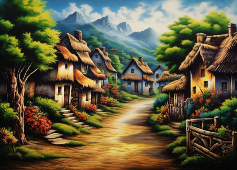 Airbrush Art,Airbrush Art, Village, village, no humans, scenery, tree, sky, outdoors, cloud, house, mountain