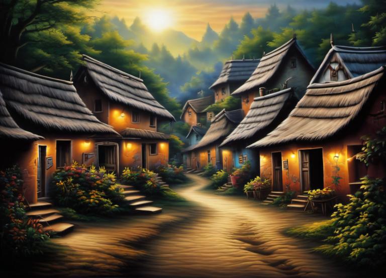 Airbrush Art,Airbrush Art, Village, village, no humans, scenery, tree, house, outdoors